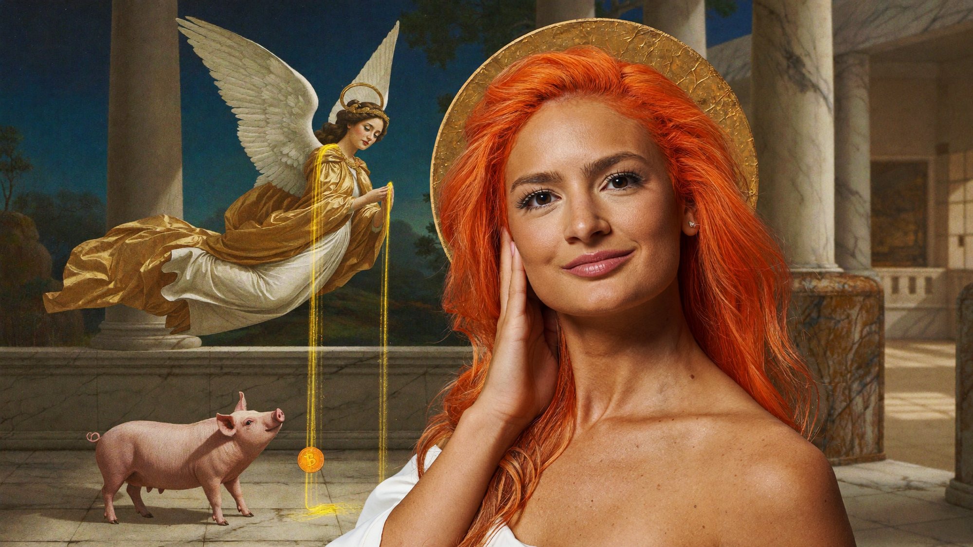 Orange-haired Carla in a Renaissance Annunciation scene, an angel hovering beside her and a small pig at her feet.